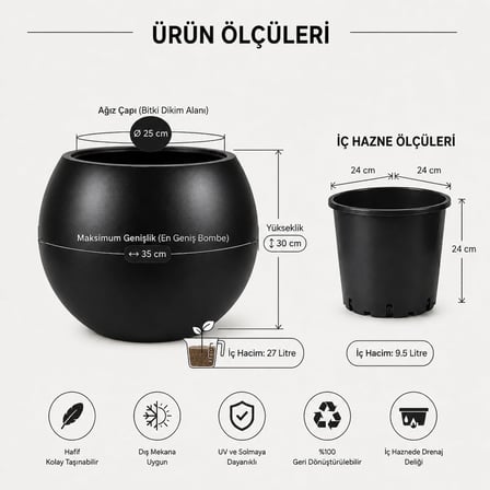 ZEVLİ Dekoratif Saksı 27L Siyah Küre Tasarım, Beton Görünümlü Modern Dekorasyon Objesi