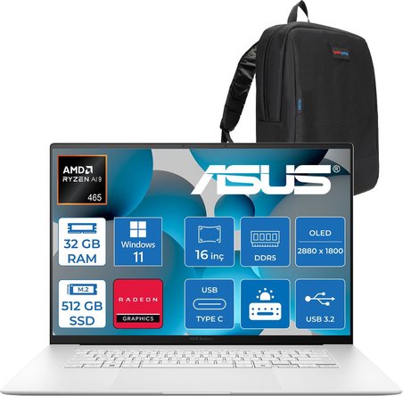 Asus Zenbook S16 UM5606GA Amdryzen Aı 9 465 32GB Ddr5 512GB SSD 16.0-Inc 3k (2880 x 1800) OLED 120Hz 1000NITS Hdr 0.2ms Amd Radeon 880M Grafik WIN11HOME Taşınabilir Bilgisayar WUM5606GAH12+ZETTAÇANTA