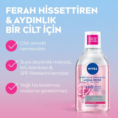 Aqua Rose Gül Suyu ve Serum İçeren Çift Fazlı Micellar Makyaj Temizleme Suyu 400ml,Yüz Göz Dudak, SPF Filtrelerini Temizler