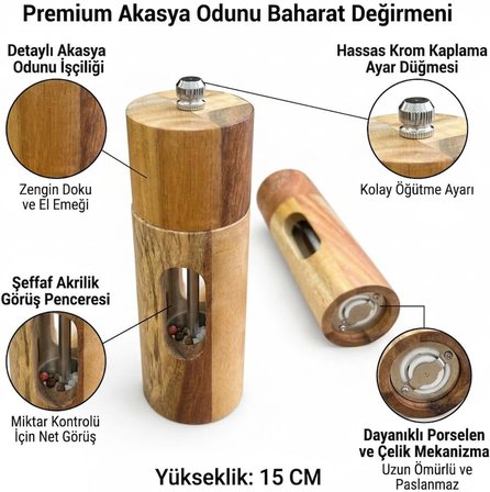 Akasya Ahşap Detaylı Akrilik Tuz ve Karabiber Öğütücü - Paslanmaz Metal ve Porselen Mekanizmalı Şeffaf Baharat Değirmeni (15 cm ve 20 cm Seçenekli, 1 Adet) (KÜÇÜK BOY 15CM)