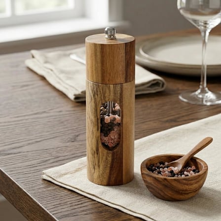 Akasya Ahşap Detaylı Akrilik Tuz ve Karabiber Öğütücü - Paslanmaz Metal ve Porselen Mekanizmalı Şeffaf Baharat Değirmeni (15 cm ve 20 cm Seçenekli, 1 Adet) (KÜÇÜK BOY 15CM)