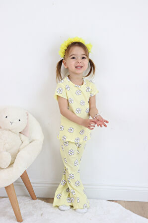 Kız Çocuk Çiçek Baskılı Raporlu Kumaş Basic Alt Üst  İkili Takım