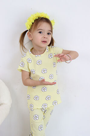 Kız Çocuk Çiçek Baskılı Raporlu Kumaş Basic Alt Üst  İkili Takım