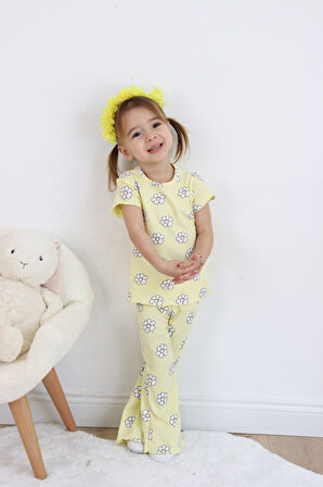 Kız Çocuk Çiçek Baskılı Raporlu Kumaş Basic Alt Üst  İkili Takım