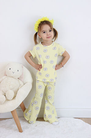 Kız Çocuk Çiçek Baskılı Raporlu Kumaş Basic Alt Üst  İkili Takım