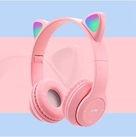 Kablosuz Bluetooth 5.0 Led Işıklı Kedili Şık Kulaklık Hediye Çocuk Oyuncu, Pembe