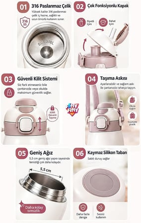 DILLER 420 ML Pipetli/Pipetsiz Tek Kapak Çift Kullanım Askılı Çelik Termos Su Matarası 6 saat sıcak/soğuk Beyaz