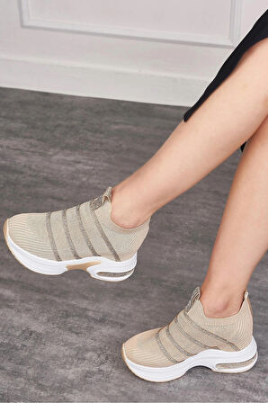 Günlük Triko Kadın Sneaker Gizli Topuk Taşlı Oval Burun Rahat Kalıp Nefes Alabilen Spor Ayakkabı 271