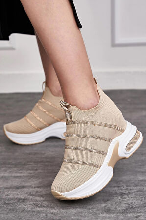 Günlük Triko Kadın Sneaker Gizli Topuk Taşlı Oval Burun Rahat Kalıp Nefes Alabilen Spor Ayakkabı 271