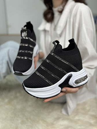 Günlük Triko Kadın Sneaker Gizli Topuk Taşlı Oval Burun Rahat Kalıp Nefes Alabilen Spor Ayakkabı 271