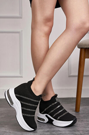 Günlük Triko Kadın Sneaker Gizli Topuk Taşlı Oval Burun Rahat Kalıp Nefes Alabilen Spor Ayakkabı 271