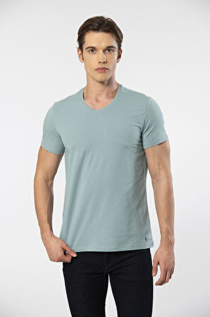 Cacharel Erkek V Yaka Likralı T-shirt 1332/YEŞİL1