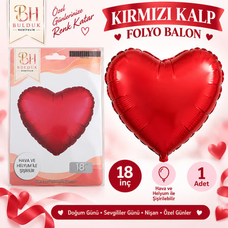 Kırmızı Kalp Folyo Balon 18 İnç | Helyum ve Hava ile Şişirilebilir