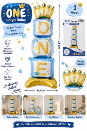 ONE Folyo Balon | Taçlı Doğum Günü Balonu | 108x34,5 cm
