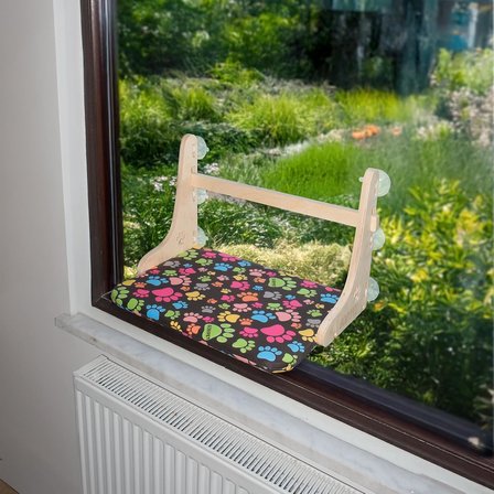 Gobypet Güçlü Vantuzlu Kedi Cam Yatağı, Cama Asılan Ahşap Kedi Yatağı, Pencere Önü Dinlenme Alanı, Çıkarılabilir Minderli, Standart (Patili Desen)