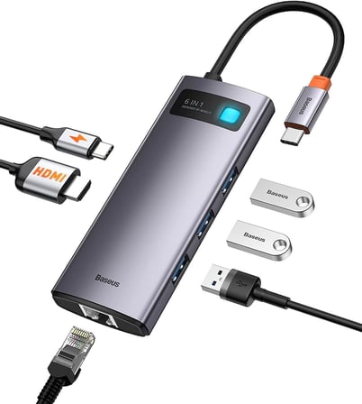 Metal Gleam 6 in 1, Çok Fonksiyonlu Bilgisayar/Telefon Hub Adaptörü, Gri, Bağlantı Sayısı: 6, Giriş: USB Type C, Çıkış: USB Type A 3.0 X 3, USB Type C (PD),Seyahat Boy