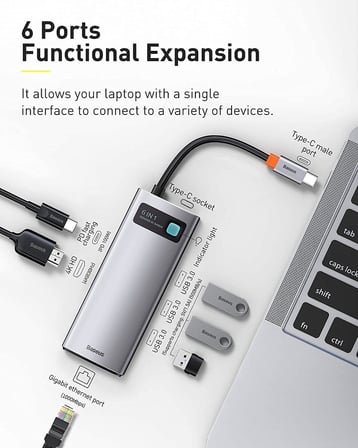 Metal Gleam 6 in 1, Çok Fonksiyonlu Bilgisayar/Telefon Hub Adaptörü, Gri, Bağlantı Sayısı: 6, Giriş: USB Type C, Çıkış: USB Type A 3.0 X 3, USB Type C (PD),Seyahat Boy