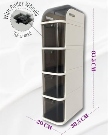 Pro Slim Tekerlekli Dolap, 4 Çekmeceli Banyo Mutfak Organizer, 95x20x38.5 cm