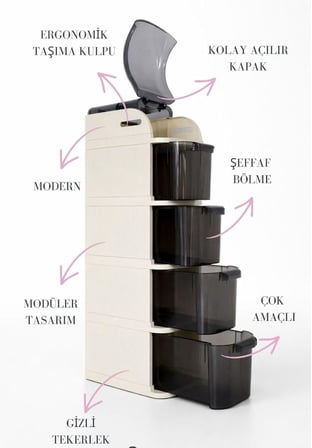 Pro Slim Tekerlekli Dolap, 4 Çekmeceli Banyo Mutfak Organizer, 95x20x38.5 cm