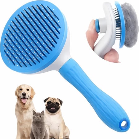 SOGUD Mavi Otomatik Temizlenen Tüy Toplama Tarağı – Basmalı Mekanizmalı Kedi ve Köpek Tarağı – Çelik İğneli, Cilt Dostu, Ergonomik Saplı – Uzun ve Kısa Tüyler İçin Bakım Tarağı