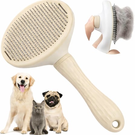 Krem Basmalı Kedi ve Köpek Tarağı – Otomatik Temizlenen Pet Fırçası – Paslanmaz Çelik İğneli – Ergonomik Saplı – Tüy Toplama ve Bakım İçin Pratik Tarak