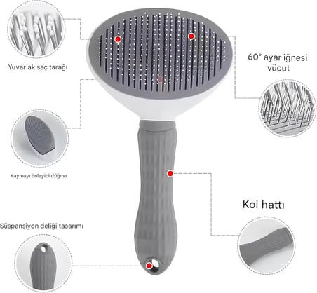 Krem Basmalı Kedi ve Köpek Tarağı – Otomatik Temizlenen Pet Fırçası – Paslanmaz Çelik İğneli – Ergonomik Saplı – Tüy Toplama ve Bakım İçin Pratik Tarak