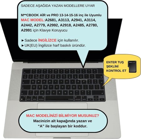 MacBook Klavye Koruyucu Silikon Kılıf İNGİLİZCE BASKILI UK-Ters L Enter Tipi Air 13,6-15,3inç- Pro 14,2-16,2inç M1-M2-M3-M4 Pro MAX Uyumlu, Ultra İnce Hafif Siyah