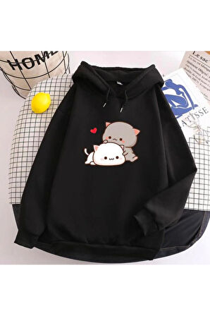 Sevimli Kedi Baskılı kapüşonlu Cepli Sweatshirt