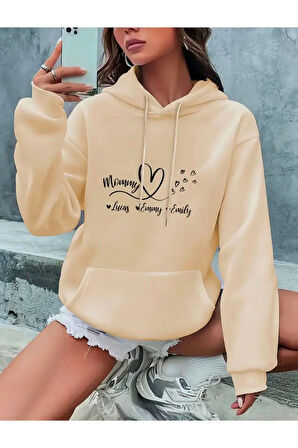 Mommy Kalp Baskılı kapüşonlu Cepli Sweatshirt