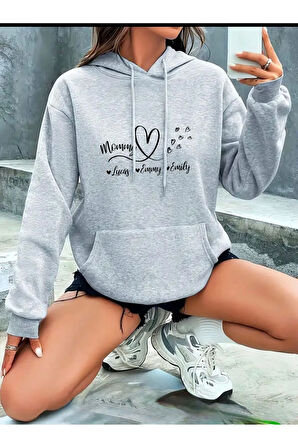 Mommy Kalp Baskılı kapüşonlu Cepli Sweatshirt