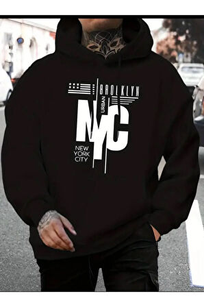 NYC Baskılı kapüşonlu Cepli Sweatshirt