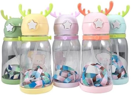 Geyik Boynuzlu Pipetli Su Matarası, 600 ml Su Şişesi, Çocuklar İçin Eğlenceli ve Güvenli İçme Deneyimi, BPA İçermeyen, Dayanıklı ve Renkli Suluk (Pembe)