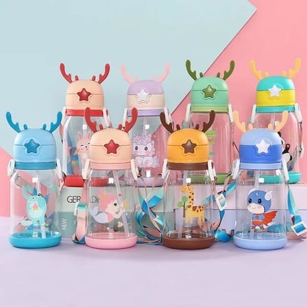 Geyik Boynuzlu Pipetli Su Matarası, 600 ml Su Şişesi, Çocuklar İçin Eğlenceli ve Güvenli İçme Deneyimi, BPA İçermeyen, Dayanıklı ve Renkli Suluk (Pembe)