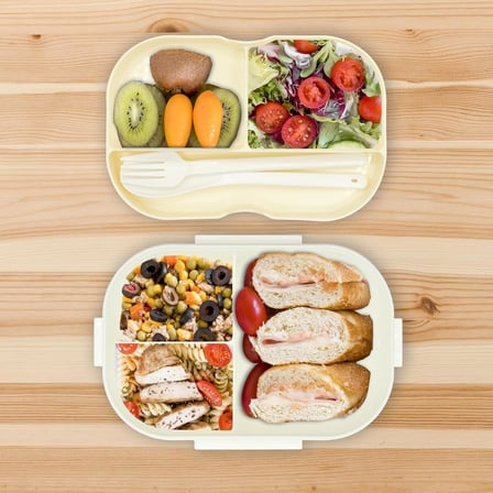 1200 ml 2 Katlı 6 Bölmeli BPA'sız PP Plastik Sefer Tası ve Beslenme Çantası - Hava Kilitli Bento Lunch Box, Çatal ve Kaşık Dahil (Beyaz)