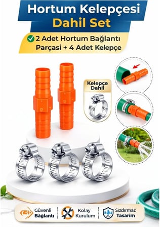 1/2 Bahçe Hortumu Bağlantı ve Onarım Seti, 2 Adet Ekleme Aparatı ve 4 Adet Kelepçe Dahil, Dayanıklı Sulama Adaptörü