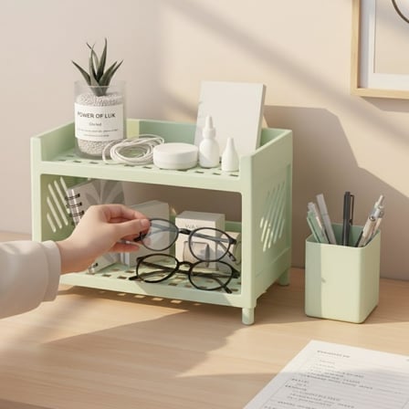 Çok Amaçlı 2 Katlı Organizer Raf – Açık Yeşil Plastik Düzenleyici Stand – Banyo, Mutfak, Masaüstü ve Ofis İçin – 25 x 18 cm