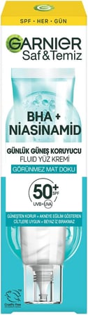 Saf ve Temiz BHA Niasinamid Günlük Güneş Koruyucu Fluid Yüz Kremi SPF50, 40 ml