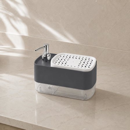 Sünger Hazneli Basmalı İkisi Bir Arada Otomatik Tezgah Üstü El ve Bulaşık Yıkama Düzenleyici Organizer Banyo ve Mutfak İçin Duo Sıvı Sabunluk (Antrasit)