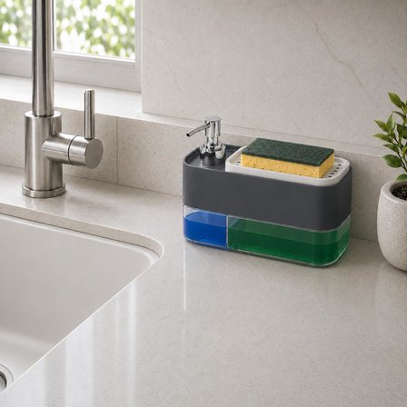 Sünger Hazneli Basmalı İkisi Bir Arada Otomatik Tezgah Üstü El ve Bulaşık Yıkama Düzenleyici Organizer Banyo ve Mutfak İçin Duo Sıvı Sabunluk (Antrasit)