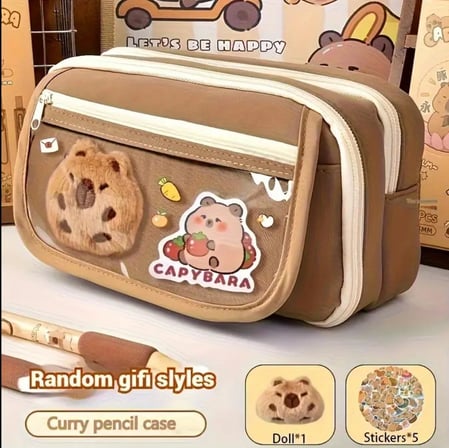 Capybara Kalem Kutusu Kapibara kalemlik büyük kapasiteli aksesuarlı geniş büyük boy Kawaii Kore Tarzı Sevimli Kalem Kutusu (1 ADET DOLL+5 ADET STİCKER DAHİLDİR)