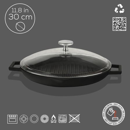 YUVARLAK IZGARA TAVA ÇAP 30 CM CAM KAPAK