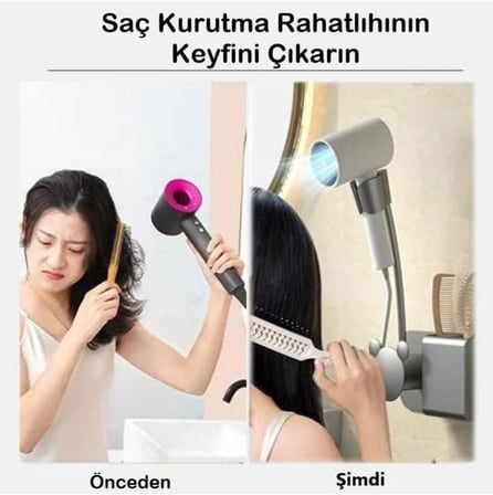 Ayarlanabilir Eller Serbest Saç Kurutma Makinesi Tutucu Pratik Banyo Organizeri- Delme Gerektirmez