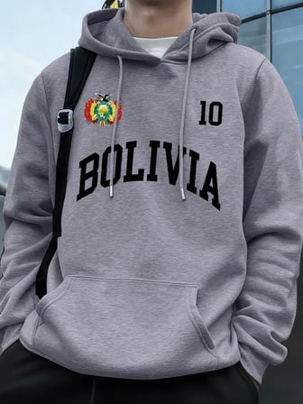 Bolivya Amblemi Mektup Baskı Hoodie Erkek Sportif Gevşek Kazaklar Kış Polar Sıcak Kazak Koşu
