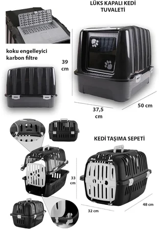 Premium kedi başlangıç seti - Lüks kapalı kedi tuvaleti, taşıma sepeti, yatak, tırmalama, 3 katlı oyuncak, paspas, mama kabı, kürek - LKT2