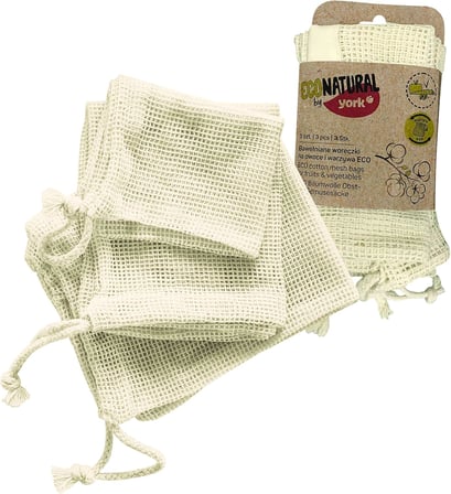 York file torba 3'lü set sebze torbası, meyve torbası, tekrar kullanılabilir alışveriş filesi, pamuk, meyve filesi, file çanta, 30 x 35 cm – 25 x 30 cm – 18 x 23 cm, Eco Natural, beyaz