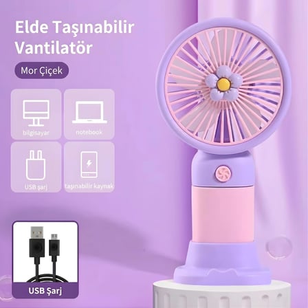 El Tipi Mini Fan, 250mAh Batarya, USB Şarj Edilebilir, Doğal Rüzgar Özelliği, Taşınabilir ve Kompakt Tasarım, Seyahat ve Ofis İçin İdeal, Yüksek Performans, Serinletici Etki (Mor Papatya)