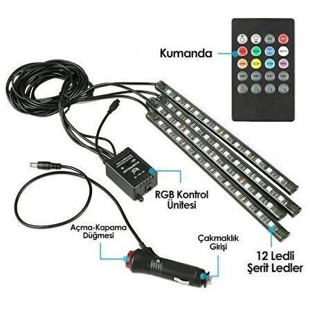 Oto Ayak Altı Led Lamba Uzaktan Kumandalı Sese Duyarlı 12V 4 Adet