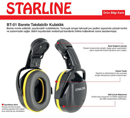 Starline BT-01 Barete Takılabilir Kulak Koruyucu Kulaklık 25dB