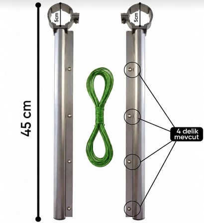 RAIN Yuvarlak Ağızlı Balkon Çamaşırlık, Alüminyum Çamaşır Asma Aparatı, 5 cm Korkuluk Uyumlu, Balkon Çamaşır Askılığı, Çamaşır Asma İpi ve 24 Adet Mandal Hediyeli, Paslanmaz
