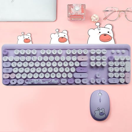 Mofii Ayıcık Desenli Kablosuz Renkli Yuvarlak Tuşlu Klavye Mouse Set-AL4258 (Bej)